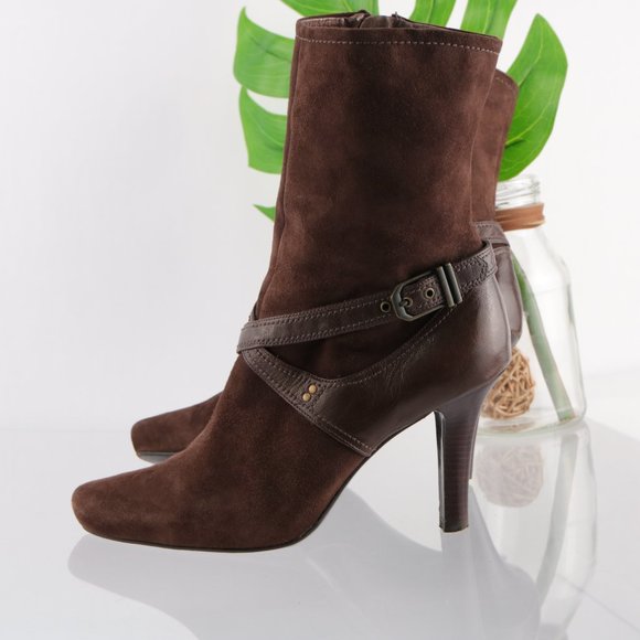 Cole Haan Dress Fashion Bootie Women 8 High Heel Brown Suede Harness Straps Zip - Picture 5 of 14